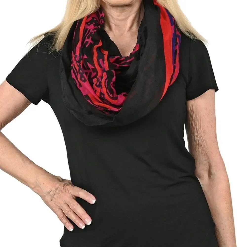 Black Southwestern Print Lightweight Oblong Scarf with Raw Fringe 3 For $30